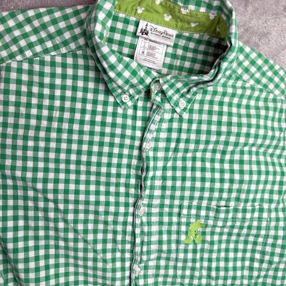Disney Parks Mickey Mouse Green Gingham Button Up Shirt Mens M Preppy Casual